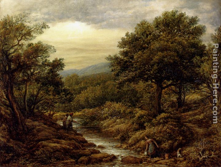 A River Landscape, With Two Boys Fishing And A Girl Fetching Water painting - John Linnell A River Landscape, With Two Boys Fishing And A Girl Fetching Water art painting